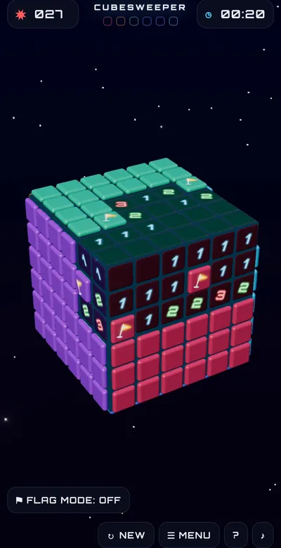 CUBE mode: a six-by-six cube with two faces half revealed, numbers glowing on dark cells and three flags placed