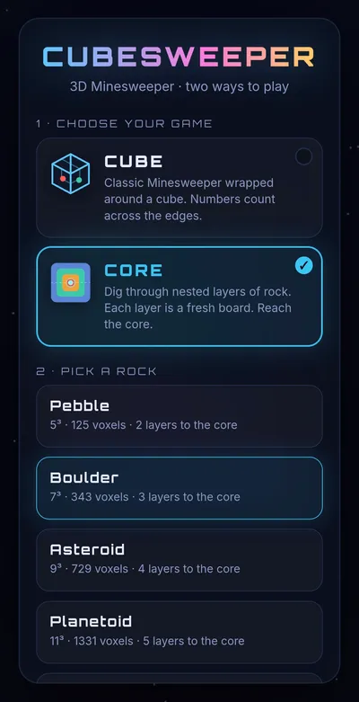 The menu: choose CUBE or CORE, then a size from Pebble to Planet